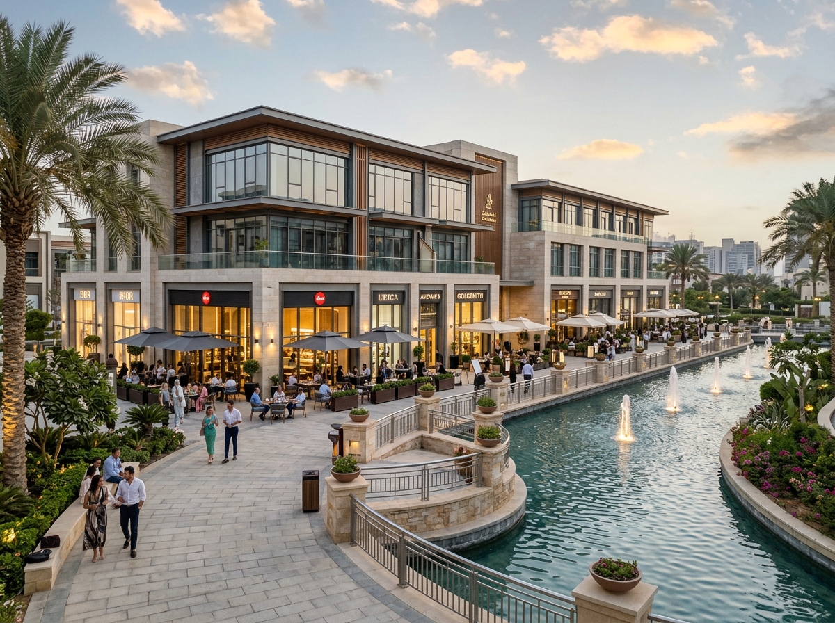 Waterway West's canal-front dining and retail promenade at dusk